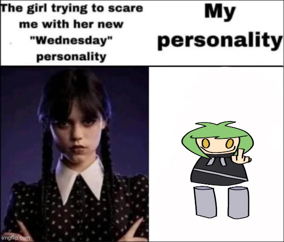 The girl trying to scare me with her new Wednesday personality | image tagged in the girl trying to scare me with her new wednesday personality | made w/ Imgflip meme maker