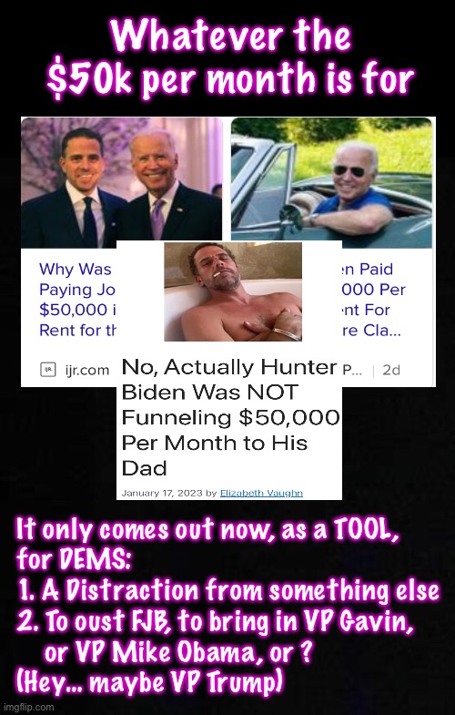 “80 million” Supporters can’t be wrong | Whatever the $50k per month is for; It only comes out now, as a TOOL,
for DEMS:

1. A Distraction from something else
2. To oust FJB, to bring in VP Gavin,
    or VP Mike Obama, or ?
(Hey… maybe VP Trump) | image tagged in memes,morons being led by idiot criminals,sanctioned by the whole team,the left sise of usa,despicable evil clowns,fjb voters | made w/ Imgflip meme maker
