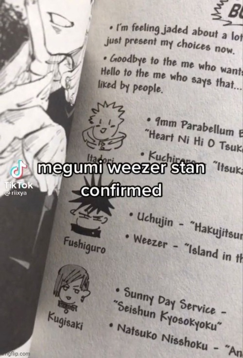Megumi theme as Weezer brings me joy | image tagged in anime | made w/ Imgflip meme maker