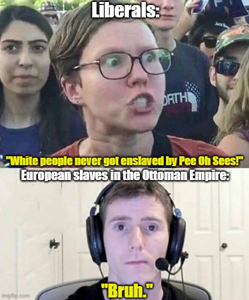 That's right... white slaves to Turkish Muslims. It happened, and you'll never hear about it from the Left | Liberals:; "White people never got enslaved by Pee Oh Sees!"; European slaves in the Ottoman Empire:; "Bruh." | image tagged in liberals,slavery,white people,muslims,history memes,leftists | made w/ Imgflip meme maker