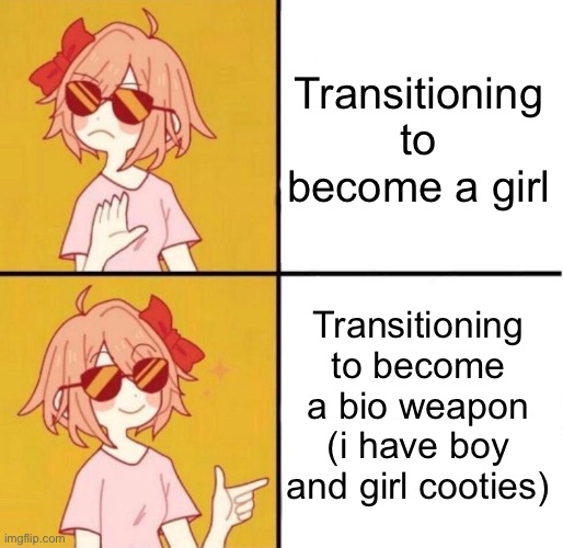 no yes girl | Transitioning to become a girl; Transitioning to become a bio weapon (i have boy and girl cooties) | image tagged in no yes girl | made w/ Imgflip meme maker