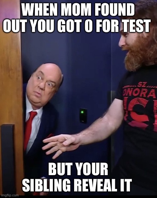 Scared Paul Heyman meme | WHEN MOM FOUND OUT YOU GOT 0 FOR TEST; BUT YOUR SIBLING REVEAL IT | image tagged in scared paul heyman meme | made w/ Imgflip meme maker