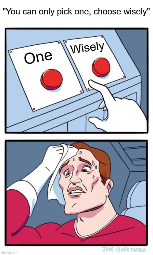 You can only pick one, choose wisely | "You can only pick one, choose wisely"; Wisely; One | image tagged in memes,two buttons | made w/ Imgflip meme maker