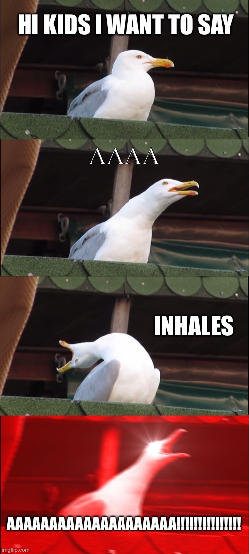 Inhaling Seagull | HI KIDS I WANT TO SAY; AAAA; INHALES; AAAAAAAAAAAAAAAAAAAA!!!!!!!!!!!!!!! | image tagged in memes,inhaling seagull | made w/ Imgflip meme maker