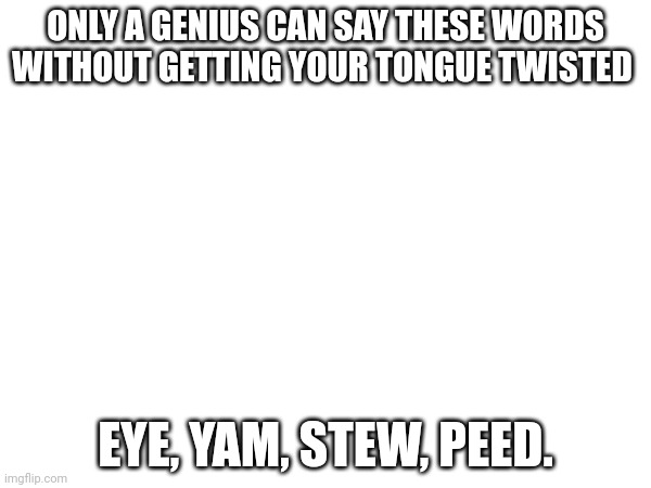ONLY A GENIUS CAN SAY THESE WORDS WITHOUT GETTING YOUR TONGUE TWISTED; EYE, YAM, STEW, PEED. | made w/ Imgflip meme maker