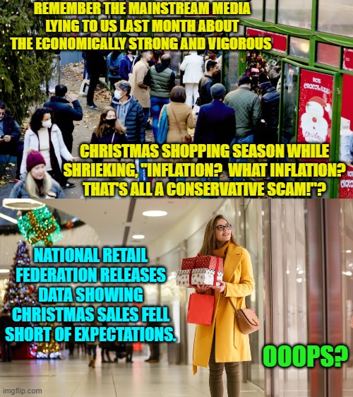 Then the Mainstream Media outlets wonder why nobody intelligent trusts them anymore. | REMEMBER THE MAINSTREAM MEDIA LYING TO US LAST MONTH ABOUT THE ECONOMICALLY STRONG AND VIGOROUS; CHRISTMAS SHOPPING SEASON WHILE SHRIEKING, "INFLATION?  WHAT INFLATION?  THAT'S ALL A CONSERVATIVE SCAM!"? NATIONAL RETAIL FEDERATION RELEASES DATA SHOWING CHRISTMAS SALES FELL SHORT OF EXPECTATIONS. OOOPS? | image tagged in truth | made w/ Imgflip meme maker