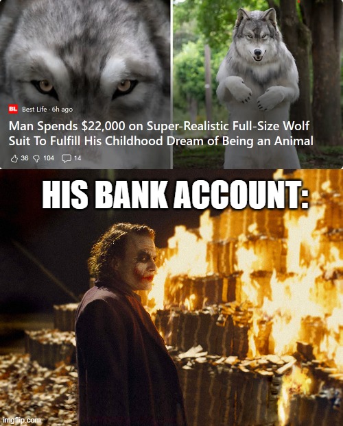 Top reason to avoid becoming a furry. | HIS BANK ACCOUNT: | image tagged in joker burning money,anti furry,memes | made w/ Imgflip meme maker
