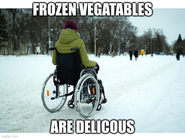 FROZEN VEGATABLES; ARE DELICOUS | image tagged in wheelchair,vegetables,dark humor,why are you reading the tags | made w/ Imgflip meme maker