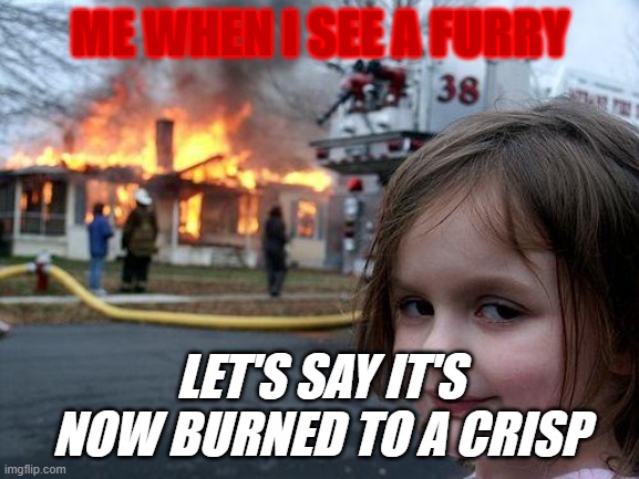 Disaster Girl Meme | ME WHEN I SEE A FURRY; LET'S SAY IT'S NOW BURNED TO A CRISP | image tagged in memes,disaster girl | made w/ Imgflip meme maker