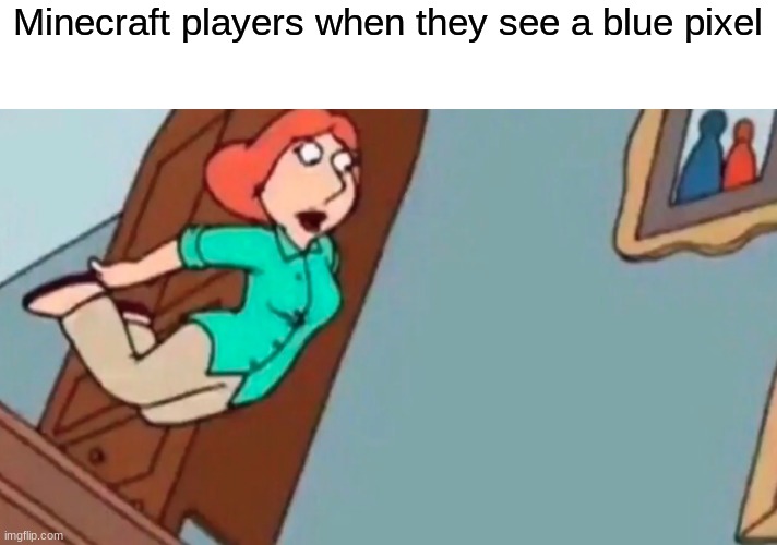 Lois falling down stairs | Minecraft players when they see a blue pixel | image tagged in lois falling down stairs | made w/ Imgflip meme maker
