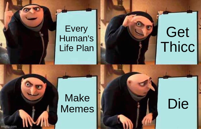 Gru's Plan | Every Human's Life Plan; Get Thicc; Make Memes; Die | image tagged in memes,gru's plan | made w/ Imgflip meme maker