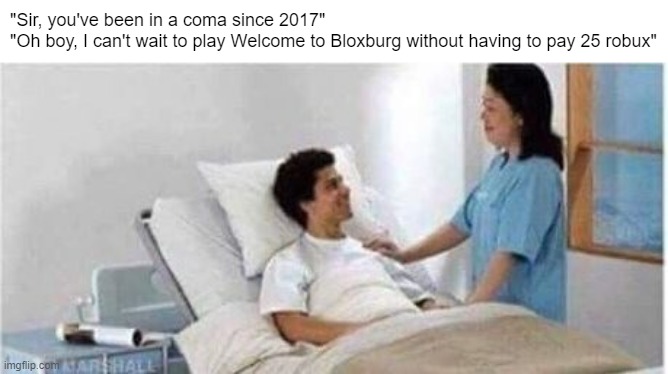 Sir, you've been in a coma | "Sir, you've been in a coma since 2017"

"Oh boy, I can't wait to play Welcome to Bloxburg without having to pay 25 robux" | made w/ Imgflip meme maker