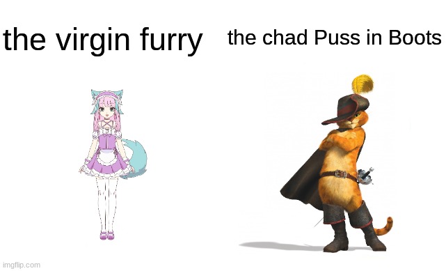 Virgin vs Chad | the chad Puss in Boots; the virgin furry | image tagged in virgin vs chad | made w/ Imgflip meme maker