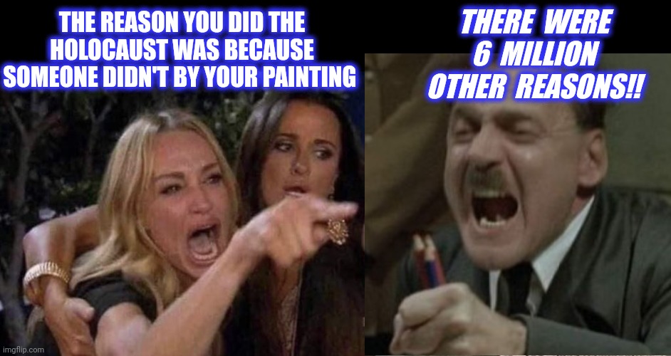 woman yelling at cat | THE REASON YOU DID THE HOLOCAUST WAS BECAUSE SOMEONE DIDN'T BY YOUR PAINTING THERE  WERE 6  MILLION OTHER  REASONS!! | image tagged in woman yelling at cat | made w/ Imgflip meme maker