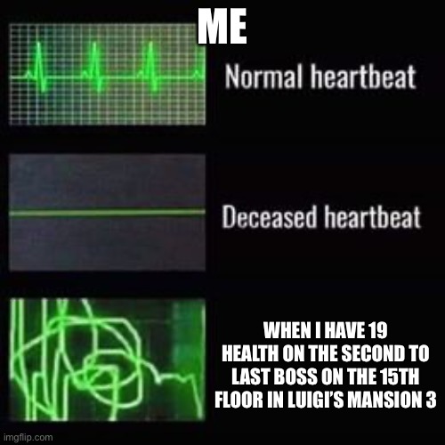 Can we all relate? | ME; WHEN I HAVE 19 HEALTH ON THE SECOND TO LAST BOSS ON THE 15TH FLOOR IN LUIGI’S MANSION 3 | image tagged in heartbeat rate,mario,luigi,so true memes | made w/ Imgflip meme maker
