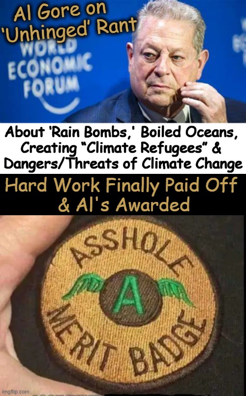Well Earned Honor For A Complete Embarrassment | Al Gore on    
‘Unhinged’ Rant; About ‘Rain Bombs,' Boiled Oceans, 
Creating “Climate Refugees” & 
Dangers/Threats of Climate Change; Hard Work Finally Paid Off 
& Al's Awarded | image tagged in politics,al gore,climate change,wef,political humor,embarrassing | made w/ Imgflip meme maker