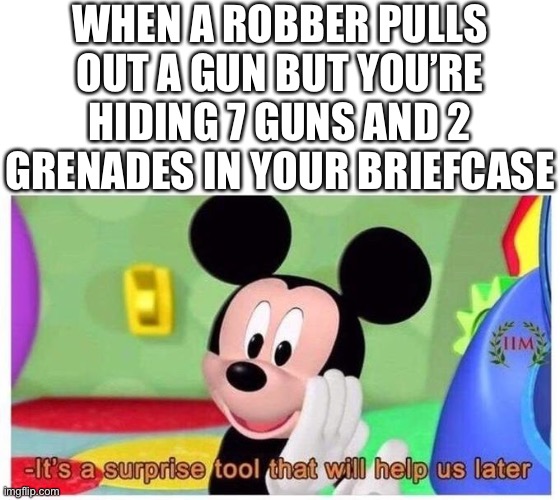 Surprise tool… for later… HAHAHAHHAHAHAHAHAHAHA | WHEN A ROBBER PULLS OUT A GUN BUT YOU’RE HIDING 7 GUNS AND 2 GRENADES IN YOUR BRIEFCASE | image tagged in it's a surprise tool that will help us later,fun,fun stream,memes,fresh memes | made w/ Imgflip meme maker