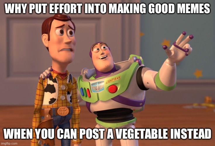 Vegetables everywhere | WHY PUT EFFORT INTO MAKING GOOD MEMES; WHEN YOU CAN POST A VEGETABLE INSTEAD | image tagged in memes,x x everywhere | made w/ Imgflip meme maker