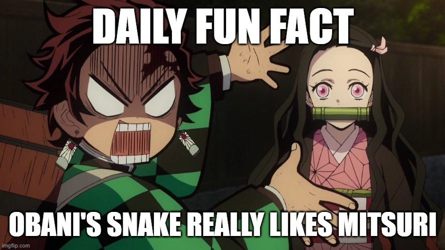 Our Nezuko | DAILY FUN FACT; OBANI'S SNAKE REALLY LIKES MITSURI | image tagged in our nezuko | made w/ Imgflip meme maker