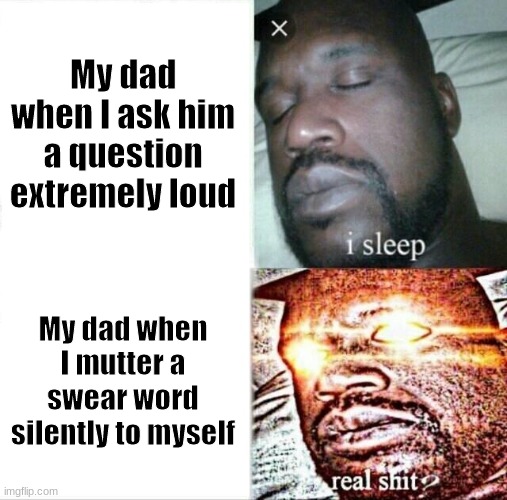 Sleeping Shaq Meme | My dad when I ask him a question extremely loud; My dad when I mutter a swear word silently to myself | image tagged in memes,sleeping shaq | made w/ Imgflip meme maker