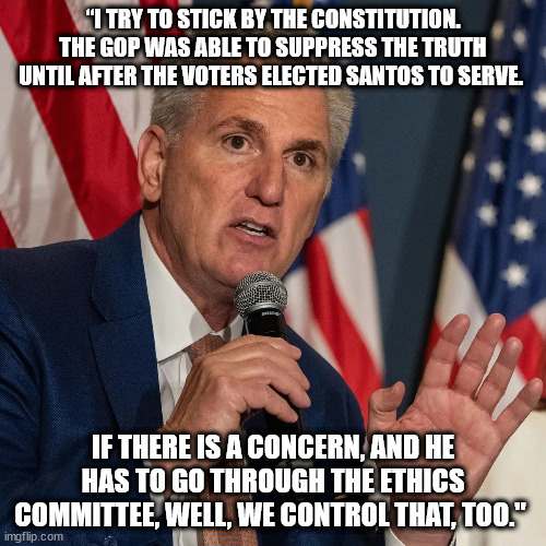 GOP & ethics. Example of the mutually exclusive Venn Diagram. | “I TRY TO STICK BY THE CONSTITUTION. THE GOP WAS ABLE TO SUPPRESS THE TRUTH UNTIL AFTER THE VOTERS ELECTED SANTOS TO SERVE. IF THERE IS A CONCERN, AND HE HAS TO GO THROUGH THE ETHICS COMMITTEE, WELL, WE CONTROL THAT, TOO." | image tagged in gop has no ethics,lyin george santos,scheming scumbag mccarthy | made w/ Imgflip meme maker