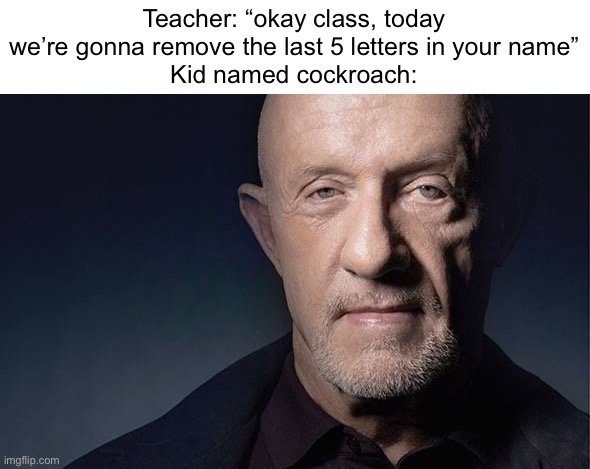 Kid Named | Teacher: “okay class, today we’re gonna remove the last 5 letters in your name”
Kid named cockroach: | image tagged in kid named | made w/ Imgflip meme maker
