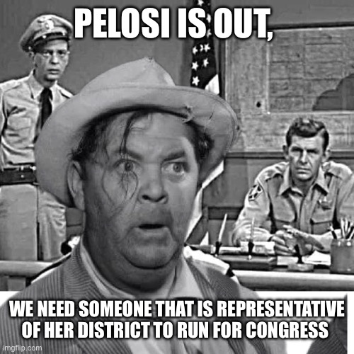 Pelosi is out | PELOSI IS OUT, WE NEED SOMEONE THAT IS REPRESENTATIVE OF HER DISTRICT TO RUN FOR CONGRESS | image tagged in otis married,memes,funny memes | made w/ Imgflip meme maker