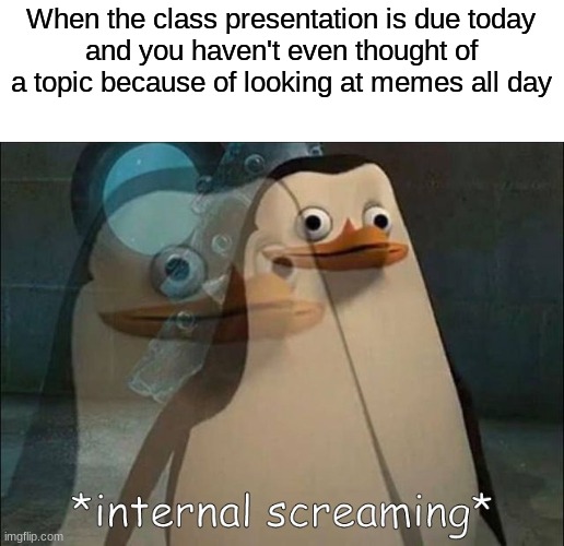 R.I.P. to whoever that happened to | When the class presentation is due today
and you haven't even thought of a topic because of looking at memes all day | image tagged in private internal screaming | made w/ Imgflip meme maker
