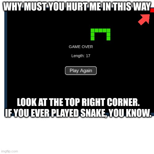 Help Me | WHY MUST YOU HURT ME IN THIS WAY; LOOK AT THE TOP RIGHT CORNER. IF YOU EVER PLAYED SNAKE, YOU KNOW. | image tagged in why | made w/ Imgflip meme maker