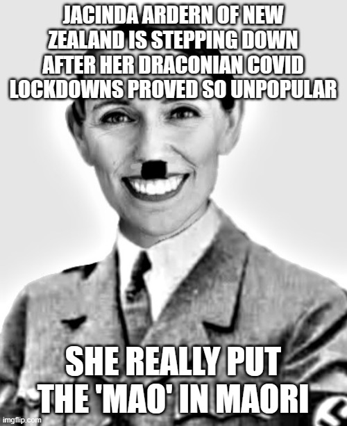 New Zealand for the win! | JACINDA ARDERN OF NEW ZEALAND IS STEPPING DOWN AFTER HER DRACONIAN COVID LOCKDOWNS PROVED SO UNPOPULAR; SHE REALLY PUT THE 'MAO' IN MAORI | image tagged in jacinda ardern hitler | made w/ Imgflip meme maker