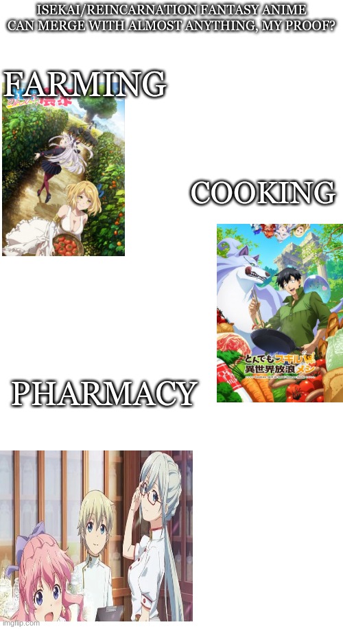 ISEKAI/REINCARNATION FANTASY ANIME CAN MERGE WITH ALMOST ANYTHING, MY PROOF? FARMING; COOKING; PHARMACY | made w/ Imgflip meme maker