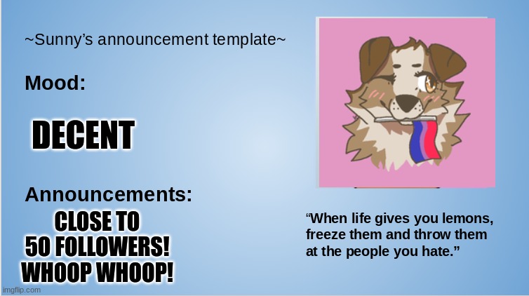 hey! :D | DECENT; CLOSE TO 5O FOLLOWERS! WHOOP WHOOP! | image tagged in furry,the furry fandom,announcement,public service announcement | made w/ Imgflip meme maker