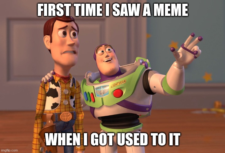 the first meme | FIRST TIME I SAW A MEME; WHEN I GOT USED TO IT | image tagged in memes,x x everywhere | made w/ Imgflip meme maker