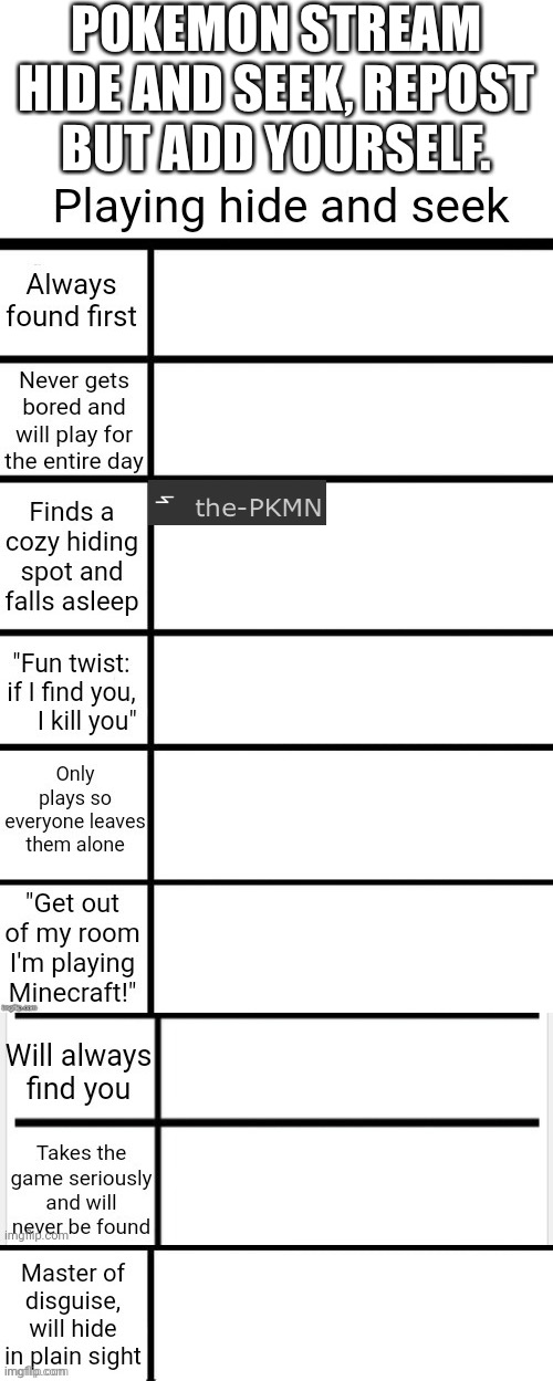 Lets see how this turns out. | POKEMON STREAM HIDE AND SEEK, REPOST BUT ADD YOURSELF. | image tagged in hide and seek chart | made w/ Imgflip meme maker