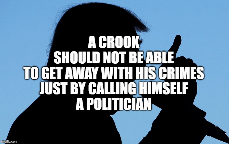 A CROOK
SHOULD NOT BE ABLE
TO GET AWAY WITH HIS CRIMES
JUST BY CALLING HIMSELF
A POLITICIAN | image tagged in criminal,politician | made w/ Imgflip meme maker