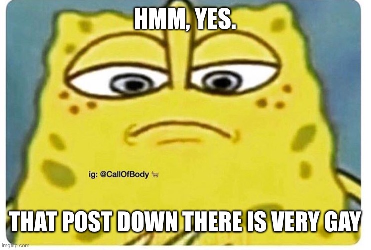 Image title | HMM, YES. THAT POST DOWN THERE IS VERY GAY | image tagged in sponge bob looking down | made w/ Imgflip meme maker