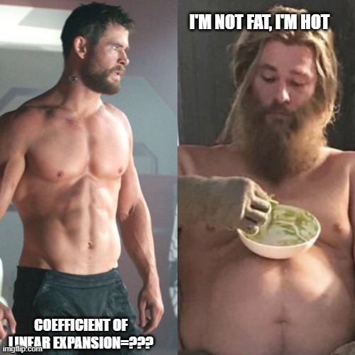 Thermal Expansion | I'M NOT FAT, I'M HOT; COEFFICIENT OF LINEAR EXPANSION=??? | image tagged in thor can fat thor | made w/ Imgflip meme maker