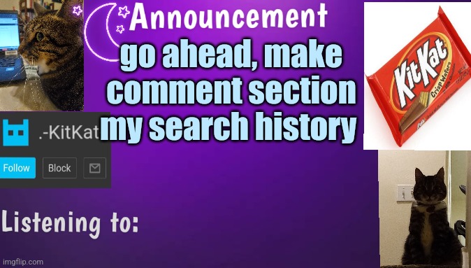 Kitty's announcment temp V3 | go ahead, make comment section my search history | image tagged in kitty's announcment temp v3 | made w/ Imgflip meme maker