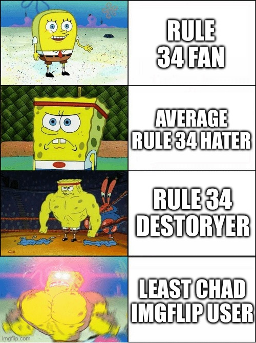 Screw You R34 | RULE 34 FAN; AVERAGE RULE 34 HATER; RULE 34 DESTORYER; LEAST CHAD IMGFLIP USER | image tagged in sponge finna commit muder,r34die | made w/ Imgflip meme maker