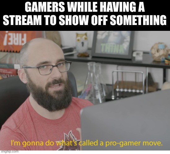 Im back people! | GAMERS WHILE HAVING A STREAM TO SHOW OFF SOMETHING | image tagged in i'm gonna do what's called a pro-gamer move | made w/ Imgflip meme maker