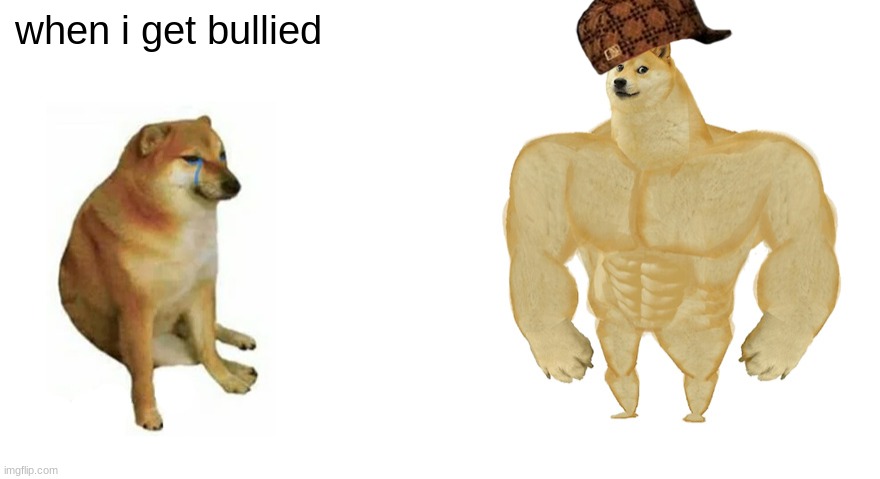 Swole Doge vs. Cheems flipped | when i get bullied | image tagged in swole doge vs cheems flipped | made w/ Imgflip meme maker