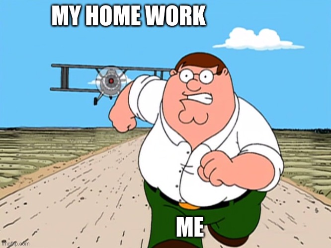 Peter Griffin running away | MY HOME WORK; ME | image tagged in peter griffin running away | made w/ Imgflip meme maker
