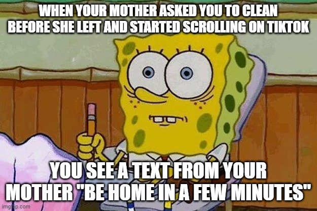 Oh Crap?! | WHEN YOUR MOTHER ASKED YOU TO CLEAN BEFORE SHE LEFT AND STARTED SCROLLING ON TIKTOK; YOU SEE A TEXT FROM YOUR MOTHER "BE HOME IN A FEW MINUTES" | image tagged in oh crap | made w/ Imgflip meme maker