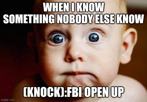 Scared Face | WHEN I KNOW SOMETHING NOBODY ELSE KNOW; (KNOCK):FBI OPEN UP | image tagged in scared face | made w/ Imgflip meme maker
