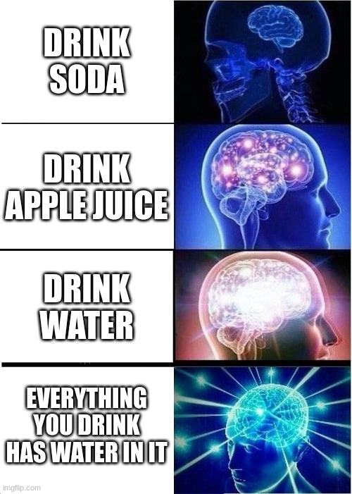 Fun (ny) fact | DRINK SODA; DRINK APPLE JUICE; DRINK WATER; EVERYTHING YOU DRINK HAS WATER IN IT | image tagged in memes,expanding brain | made w/ Imgflip meme maker