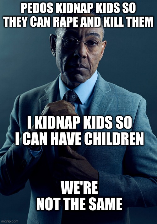 im doing it for a good reason | PEDOS KIDNAP KIDS SO THEY CAN RAPE AND KILL THEM; I KIDNAP KIDS SO I CAN HAVE CHILDREN; WE'RE NOT THE SAME | image tagged in gus fring we are not the same | made w/ Imgflip meme maker