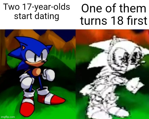 Bad ending | Two 17-year-olds start dating; One of them turns 18 first | image tagged in dx | made w/ Imgflip meme maker