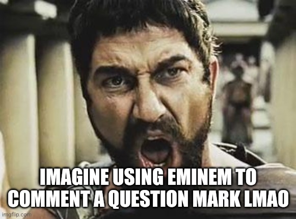 This is Sparta | IMAGINE USING EMINEM TO COMMENT A QUESTION MARK LMAO | image tagged in this is sparta | made w/ Imgflip meme maker