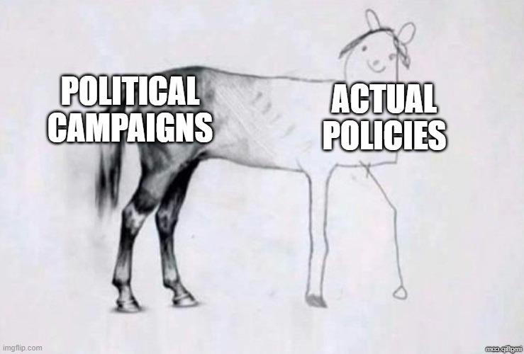 Horse Drawing | POLITICAL CAMPAIGNS; ACTUAL POLICIES | image tagged in horse drawing | made w/ Imgflip meme maker