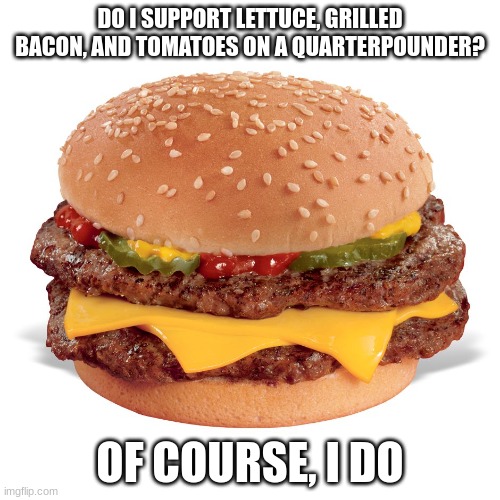 burbur | DO I SUPPORT LETTUCE, GRILLED BACON, AND TOMATOES ON A QUARTERPOUNDER? OF COURSE, I DO | image tagged in cheeseburger | made w/ Imgflip meme maker